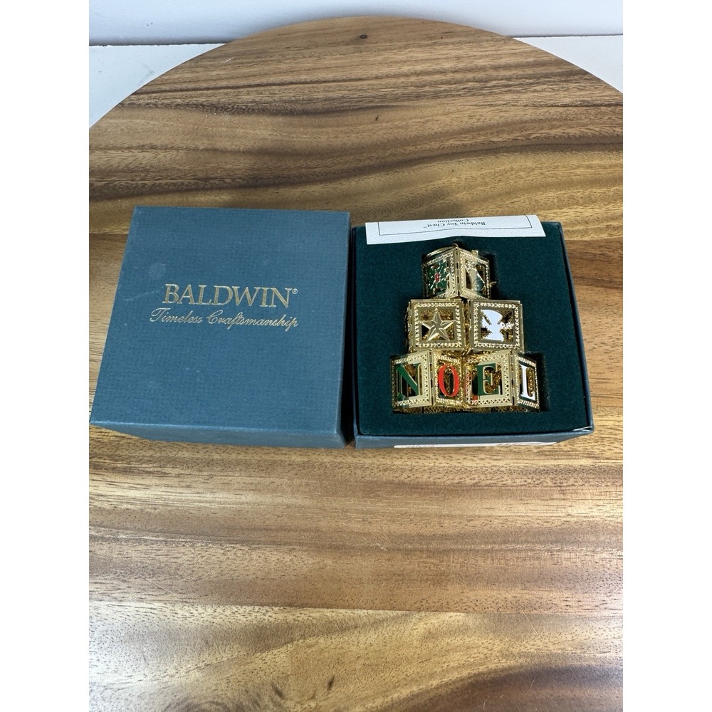 BALDWIN BRASS NOEL BLOCKS RETIRED ORNAMENT in box Gold Red Green Christmas